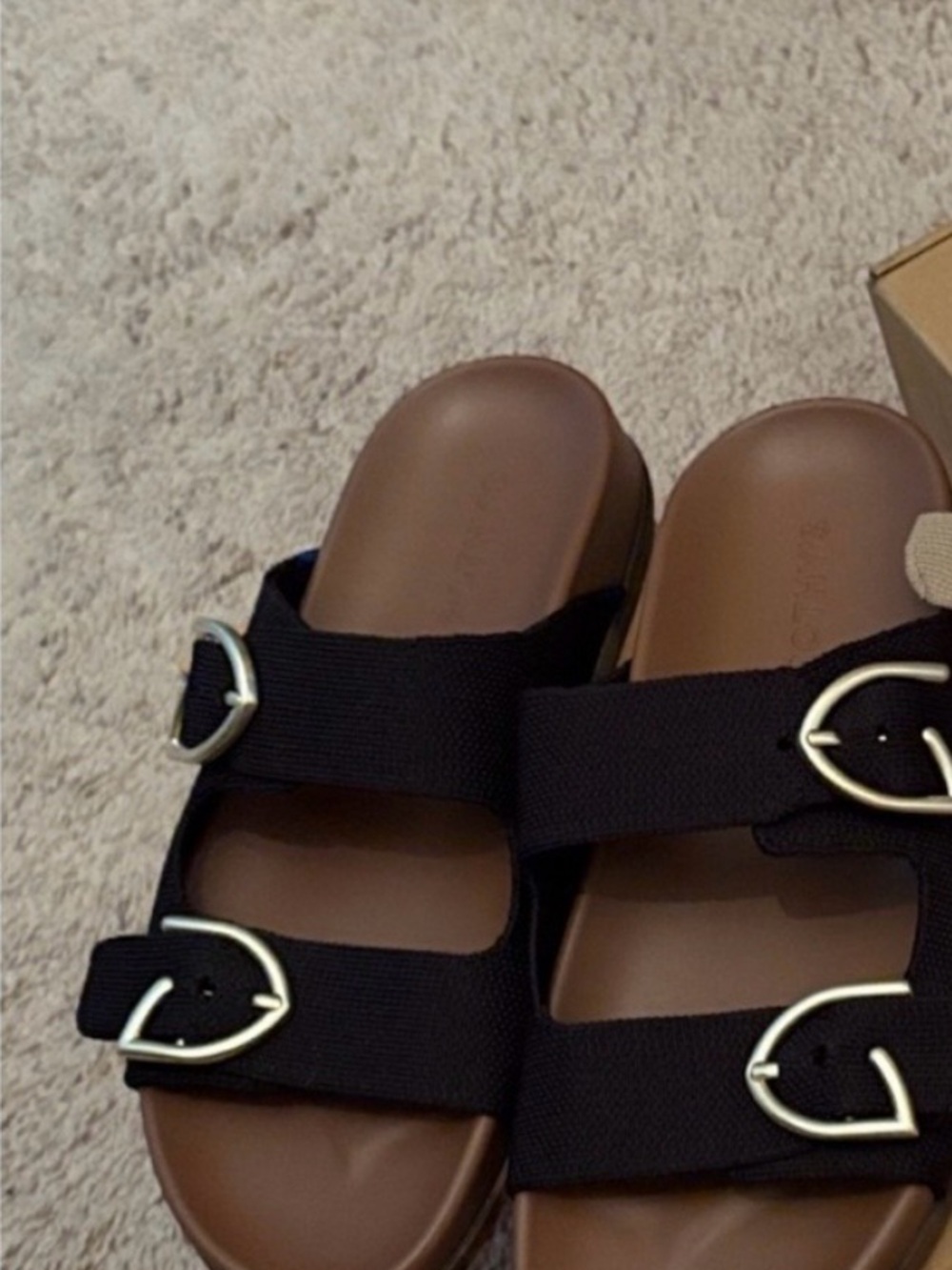 Rothy's Black Strappy Buckle Sandals with Brown Footbed
